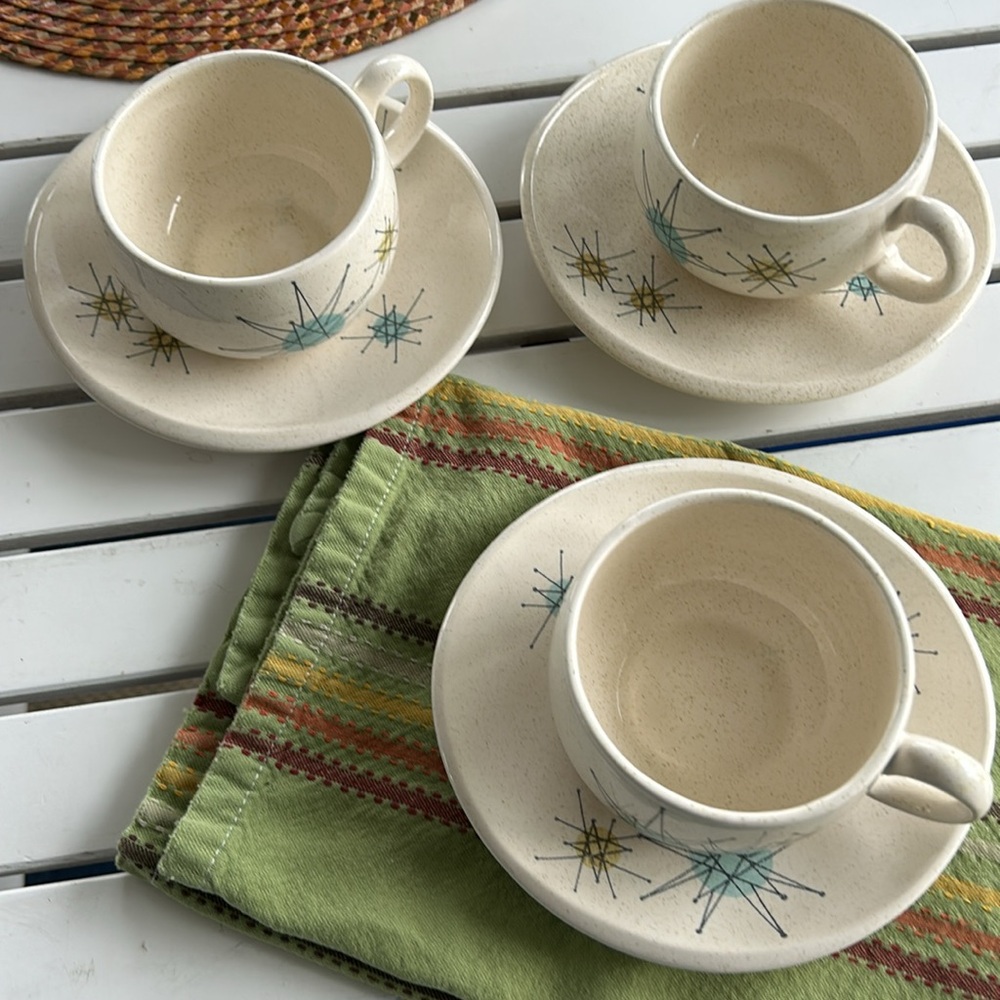 Three Franciscan Atomic Starburst Ceramic Cup and Saucer Sets